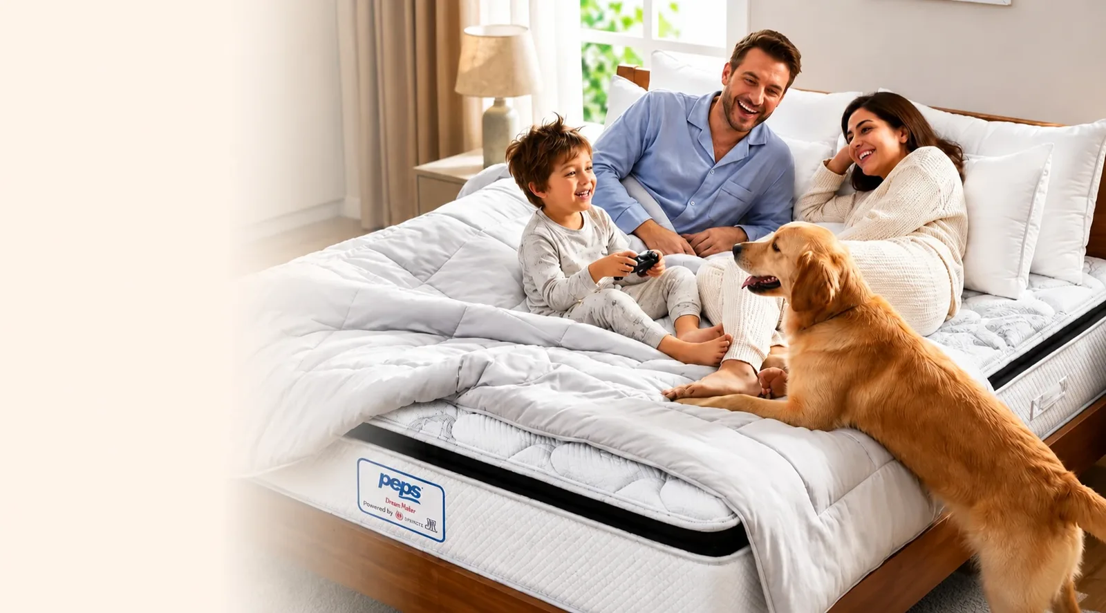 A family relaxing together on a Peps mattress at home