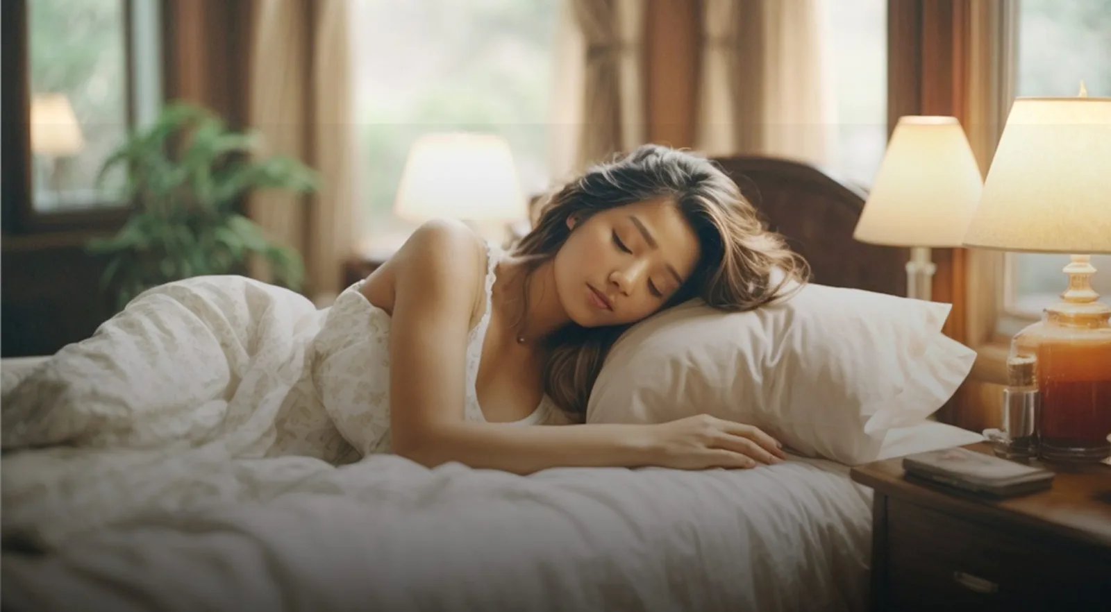 A woman sleeping soundly in a cosy bedroom